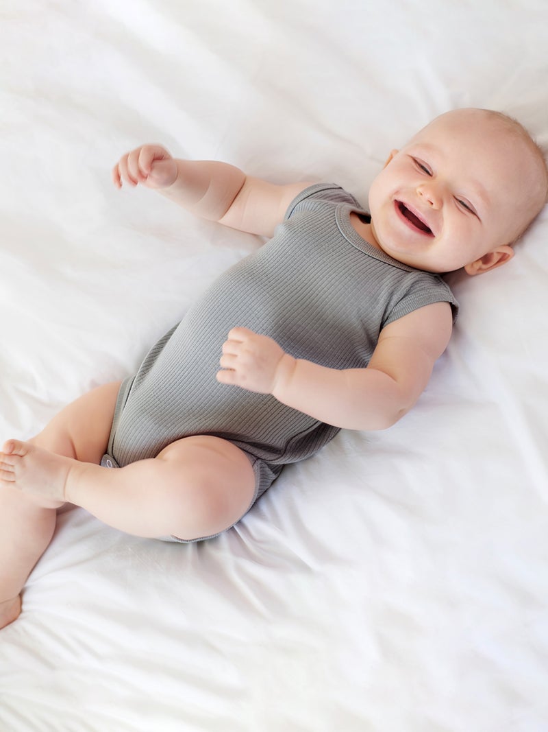 Babies Basic Ribbed Cotton Short Sleeves Romper/ Bodysuit, Green, Blue, Gray - Image 2